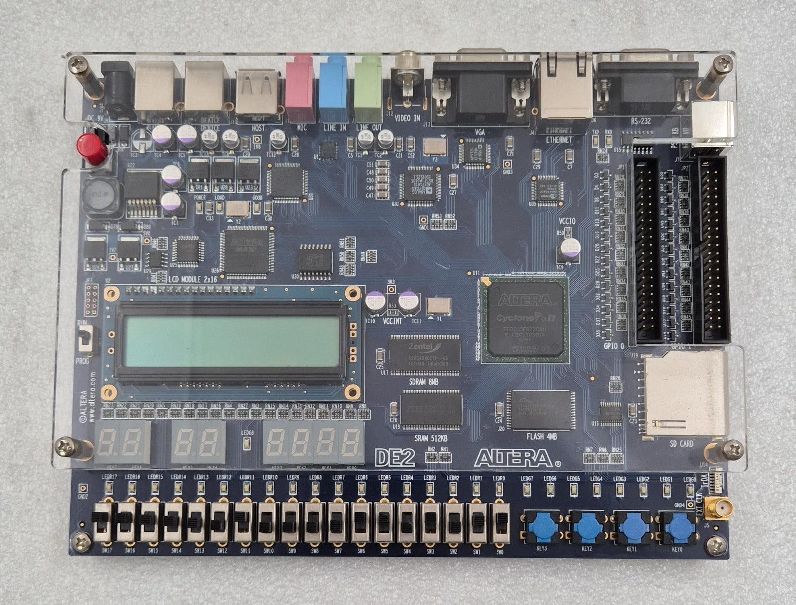 ALTERA DE2 FPGA development board with 8MB SDRAM and 512KB SRAM for digital logic and embedded design