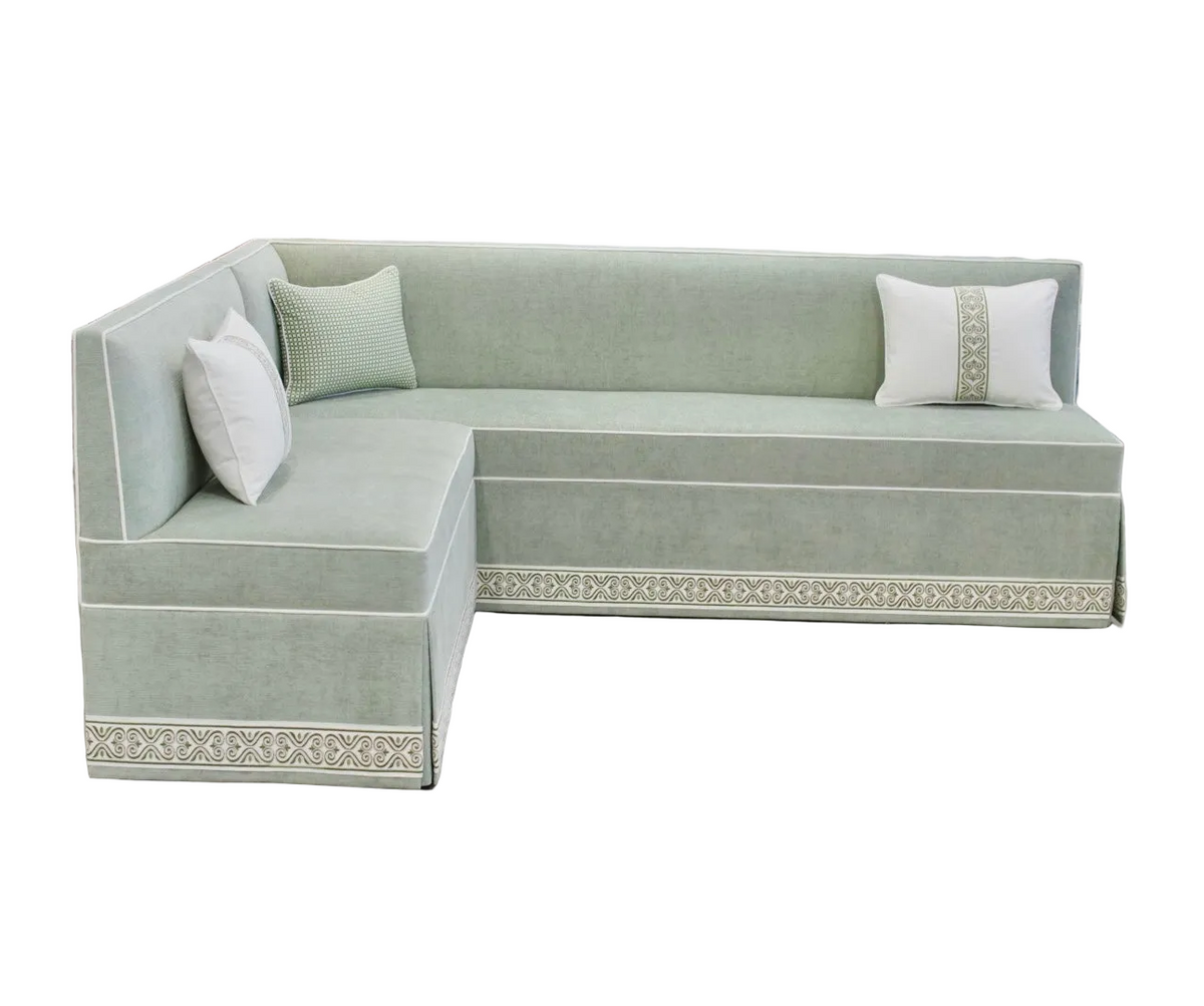 Custom Upholstered Skirted Banquette – Performance Green Chenille Fabric, White Piping