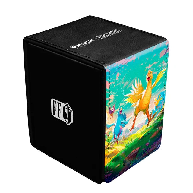 Black deck box with colorful bird design on a white background
