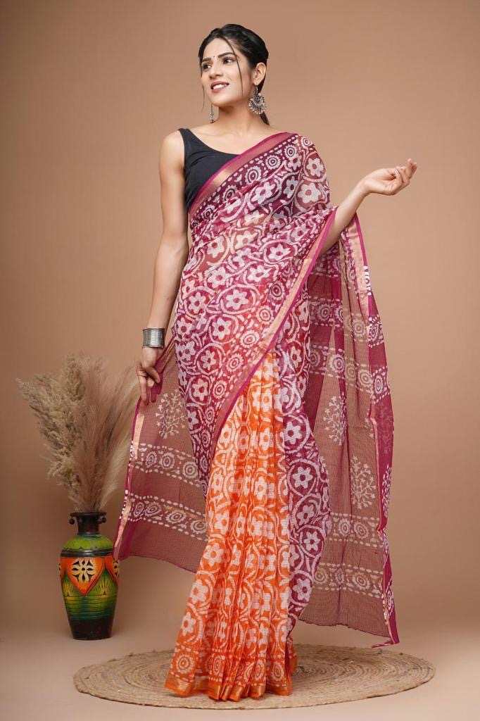 Pure Hand Block Printed Kota Doriya Saree with Blouse | Authentic Handcrafted Cotton Saree | House of the Handblock Jaipur