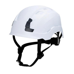 White safety helmet with chin strap, industrial PPE hard hat