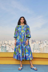 Farm Rio Blue Macaw Long Sleeve Midi Dress In Multi
