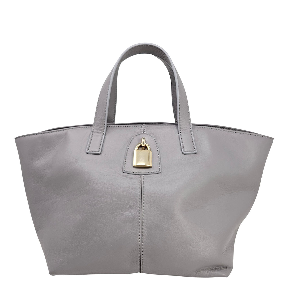 Light grey leather lock tote bag with gold lock clasp and top handles