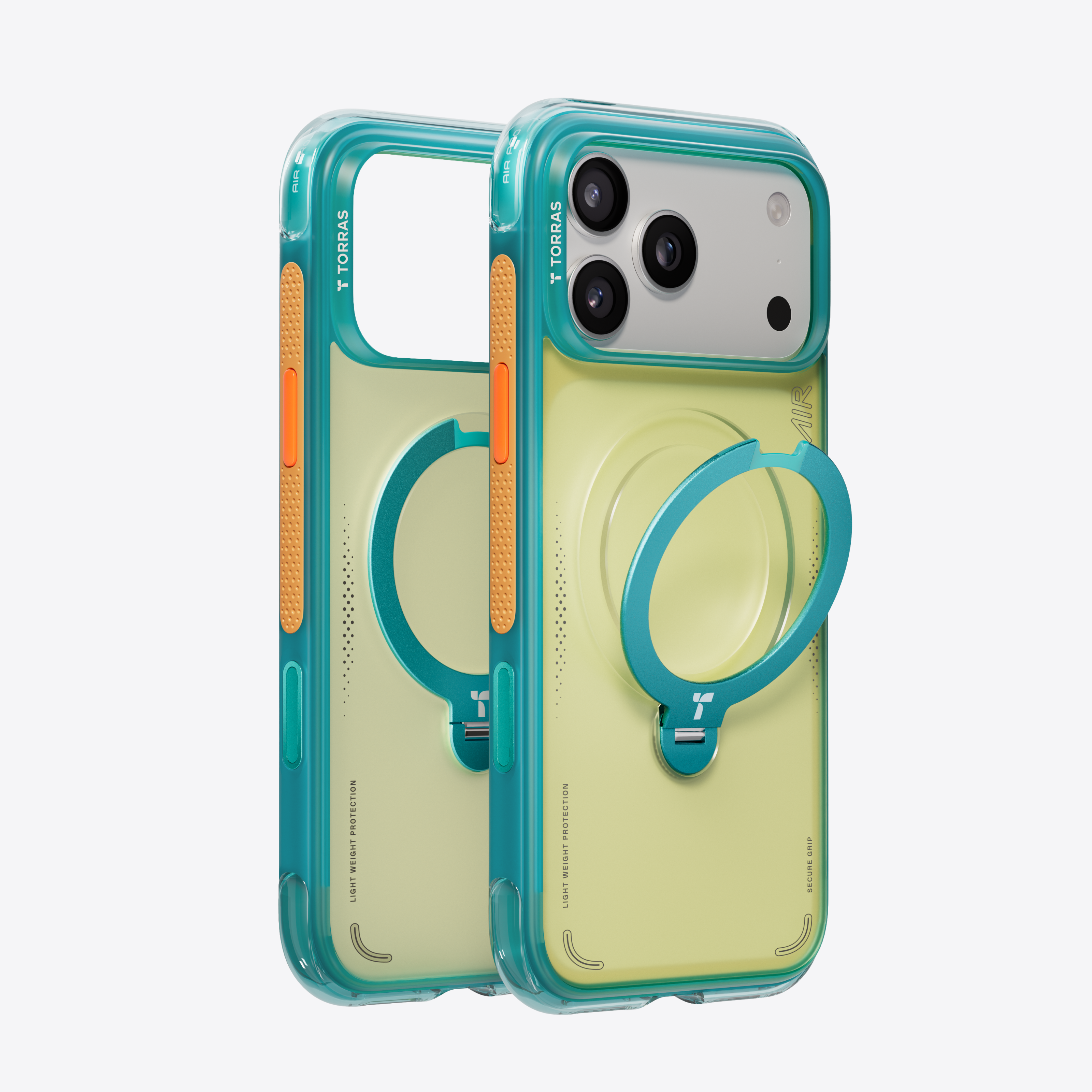TORRAS Ostand Q3 Air iPhone 17 Pro Max case in teal and light green with magnetic stand