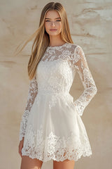 White Jewel Neck A Line Lace Long Sleeve Mini Dress