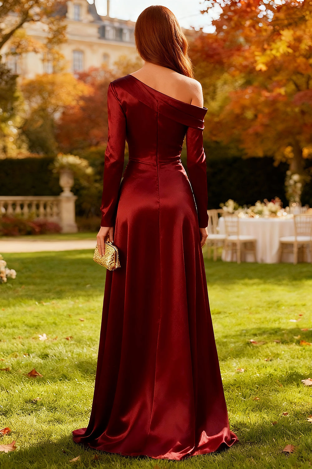 Leely Women Burgundy Satin Long Wedding Guest Dress with Sleeves Mermaid One Shoulder Formal Dress