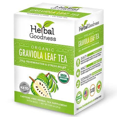 Herbal Goodness Soursop Leaf Tea - Organic Leaf Tea Bags (24 Count) is a caffeine-free herbal tea with graviola benefits for cell regeneration and stress relief. USDA Organic, Keto certified, and features a graviola fruit illustration on the box.