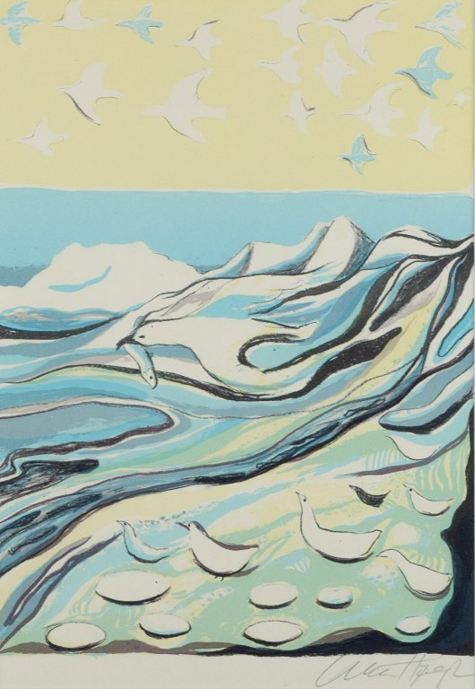 Aka Høegh, Greenlandic painter. Color lithograph on paper. Greenlandic mountain landscape with seagulls.
