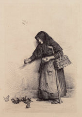 Carl Bloch (1834–1890). Etching. "Konen med spurvene" (The Woman with the Sparrows).