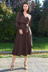 V-Neck Long Sleeve Wrap Satin Midi Dress in Chocolate Brown (S/M, chocolate)