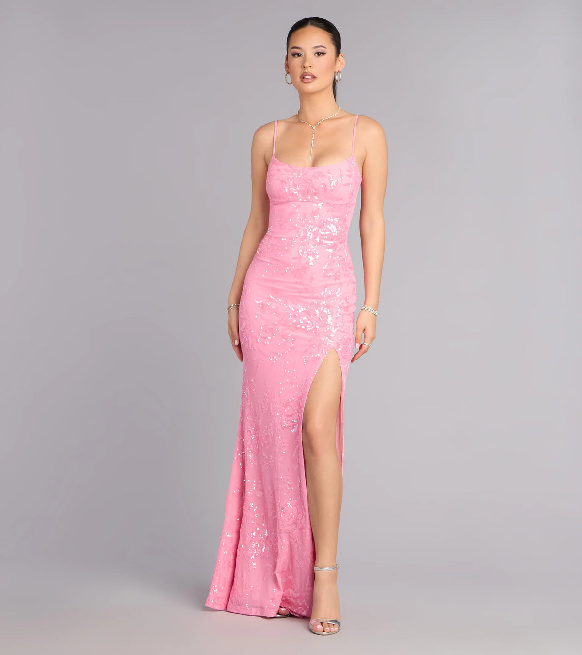 Lilyanna Floral Sequin Slit Formal Dress