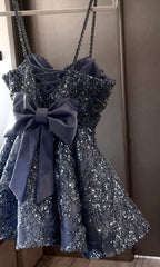 Classy Ball Gown Spaghetti Straps Dusty Blue Sequin Mini Short High School Impress Inspo Graduation Dress Homecoming Dresses RB3322
