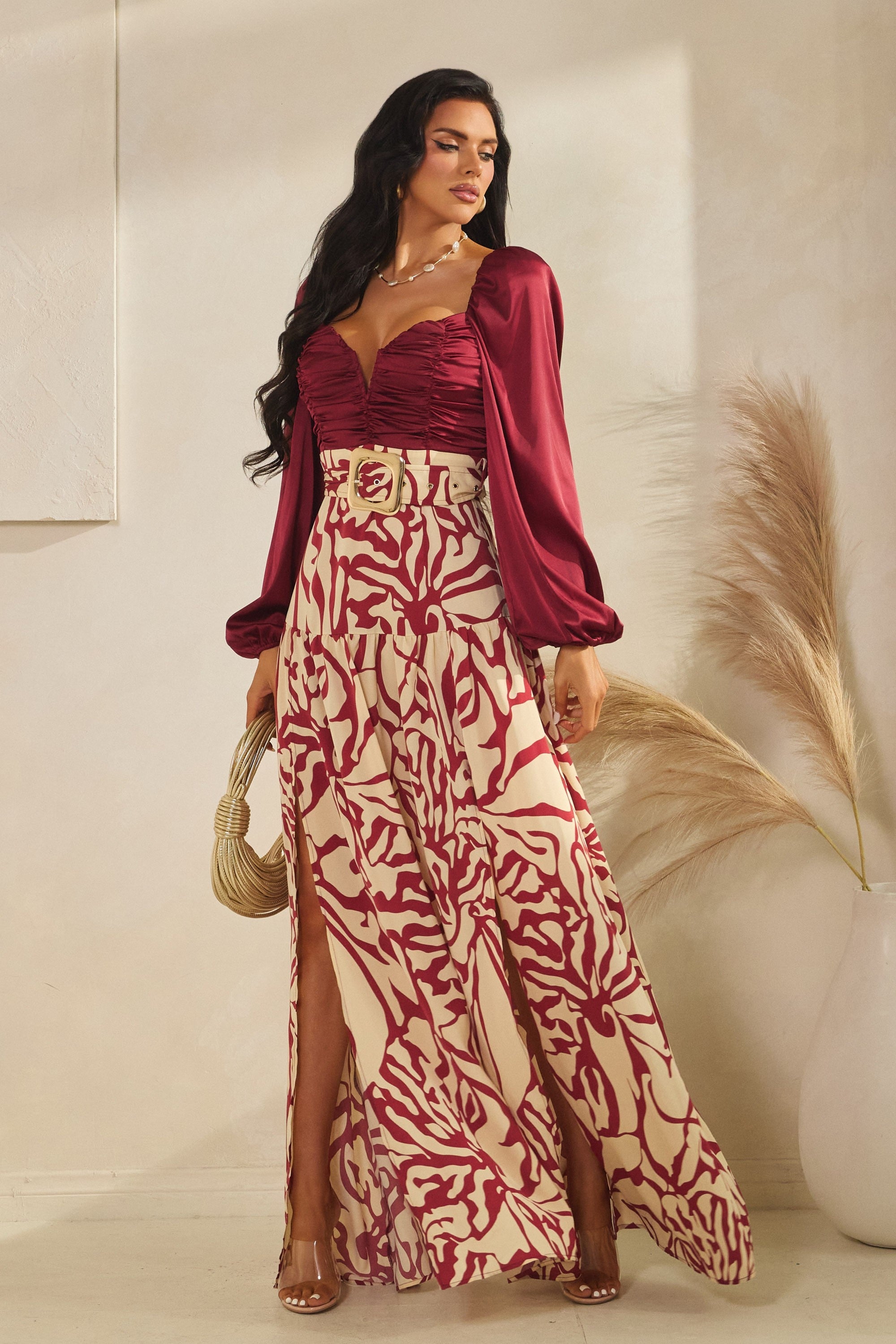 SD388425 LONG SLEEVE BELTED MAXI DRESS
