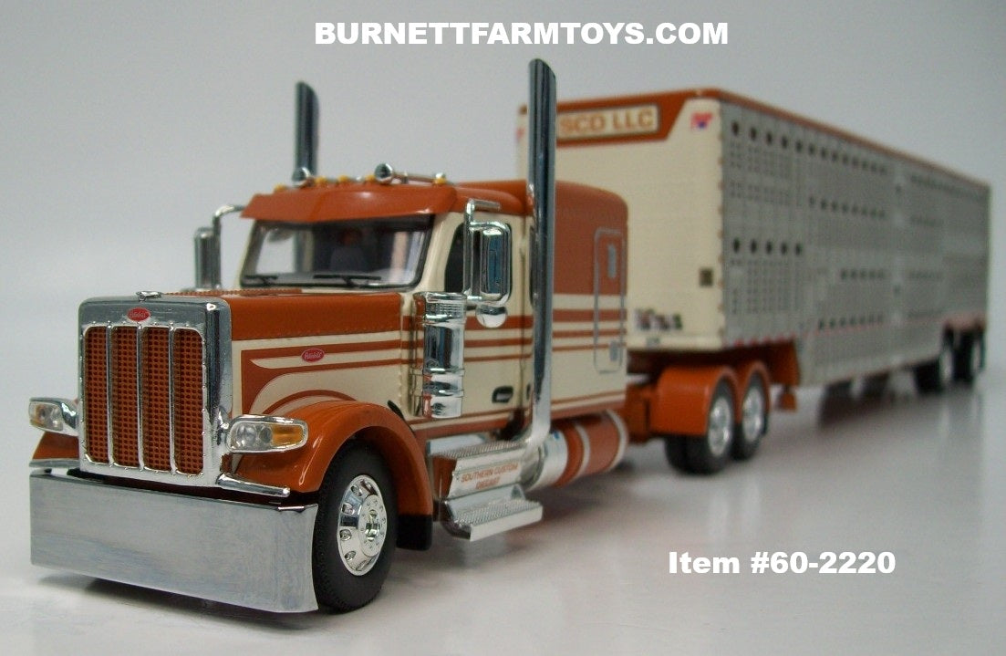 Item #60-2220 Southern Custom Diecast Burnt Orange Cream Peterbilt 589 72-inch Flattop Sleeper with Silver Sided Burnt Orange Trim Cream End Caps Spread Axle Wilson Silver Star Livestock Trailer - 1/64 Scale – DCP by First Gear