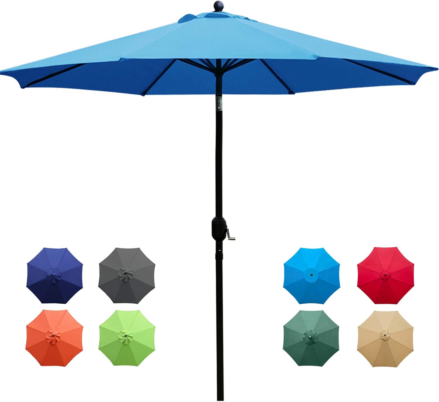 Sunnyglade 9Ft Patio Umbrella Outdoor Table Umbrella with 8 Ribs Blue | 9Ft Patio Umbrella with Waterproof Polyester Canopy, Sturdy 8 Ribs, Crank & Tilt Design, Ideal for Outdoor Tables and Shade