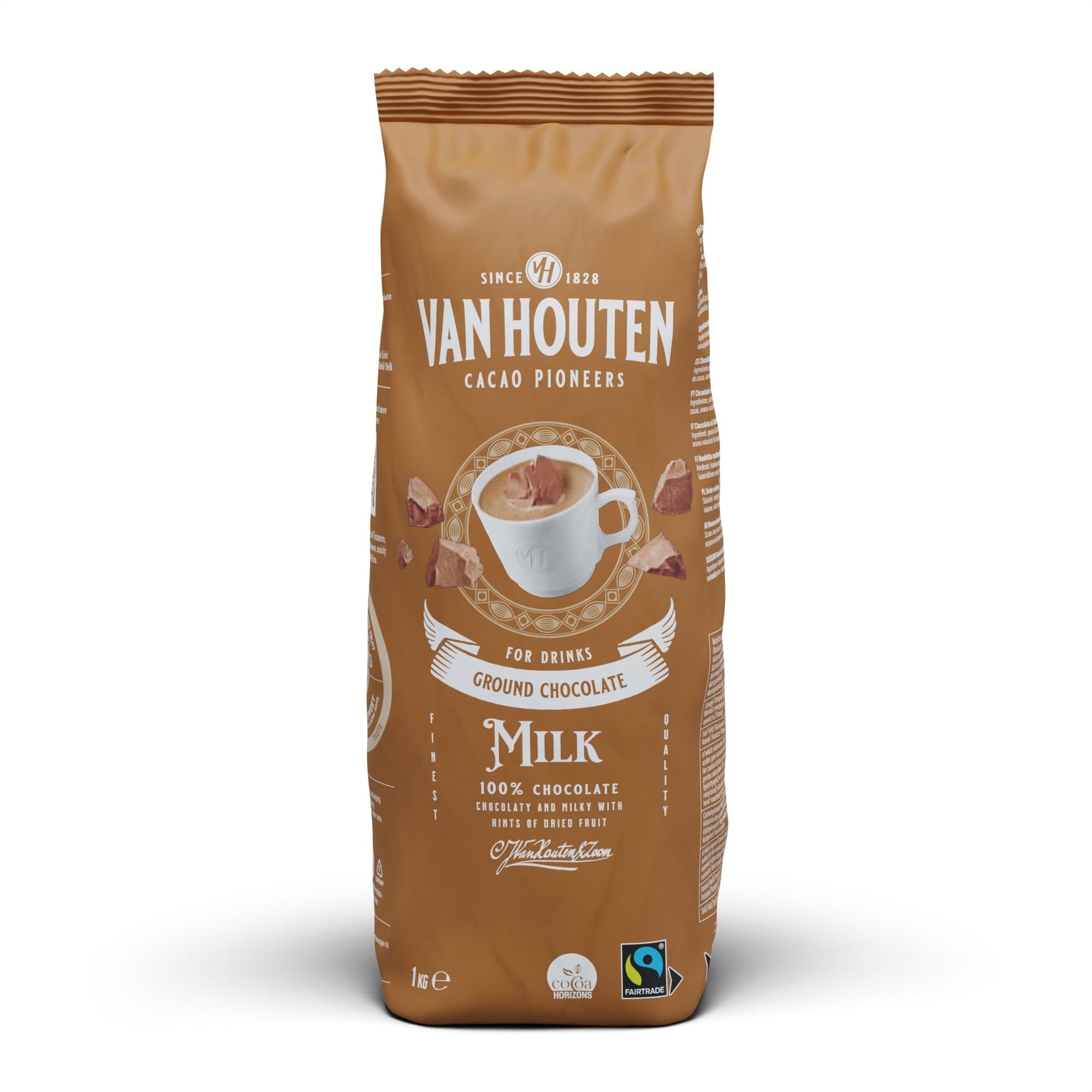 Van Houten Milk Ground Chocolate For Drinks 1 x 1kg. 100% Chocolate, Chocolaty and Milky with Hints of Dried Fruit. Serve hot or cold.