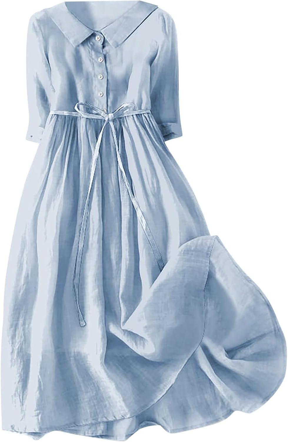 Cotton Midi Dresses for Women Lapel Neck Button Up Summer Dress Cute Korean-Style Half Sleeve Lace-Up Flowy Dress