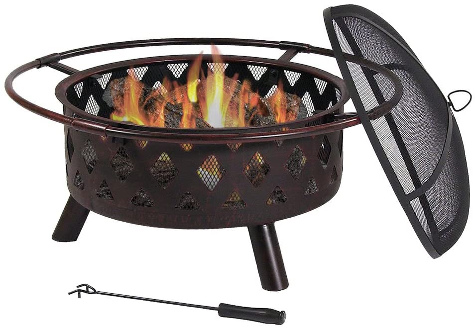 Sunnydaze Crossweave Outdoor Fire Pit - 30 Inch Deep Bonfire Wood Burning Patio & Backyard Firepit for Outside with Spark Screen, Fireplace Poker, and Metal Grate, Bronze