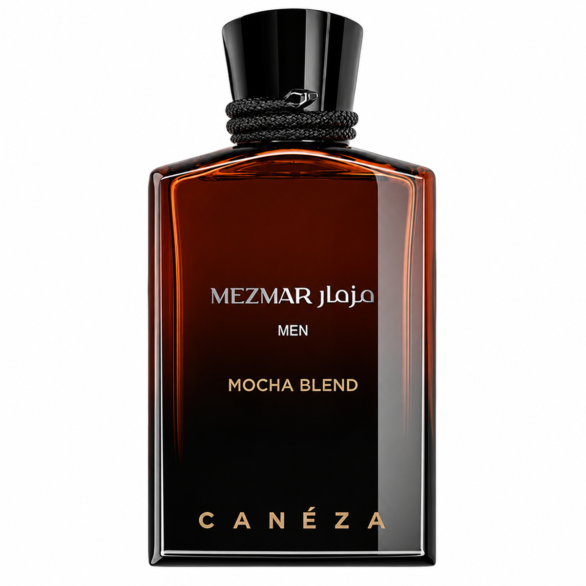 Canéza Mezmar Men Mocha Blend fragrance bottle in a dark amber-to-black gradient glass design with a glossy black cap, decorative black rope around the neck, and gold branding, shown on a white background.