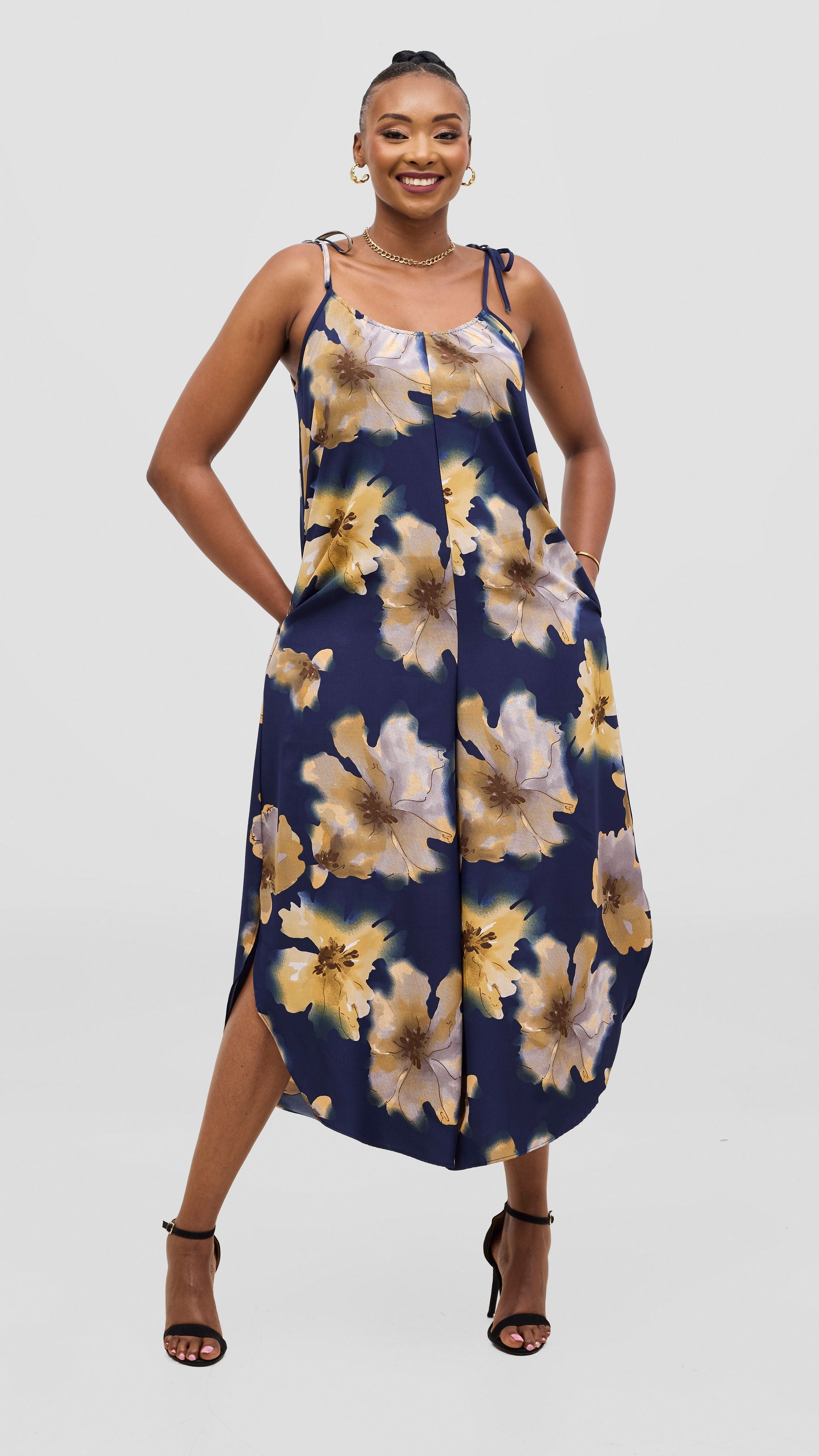 Vivo Liora Strappy Culotte Jumpsuit - Navy / Tan Print