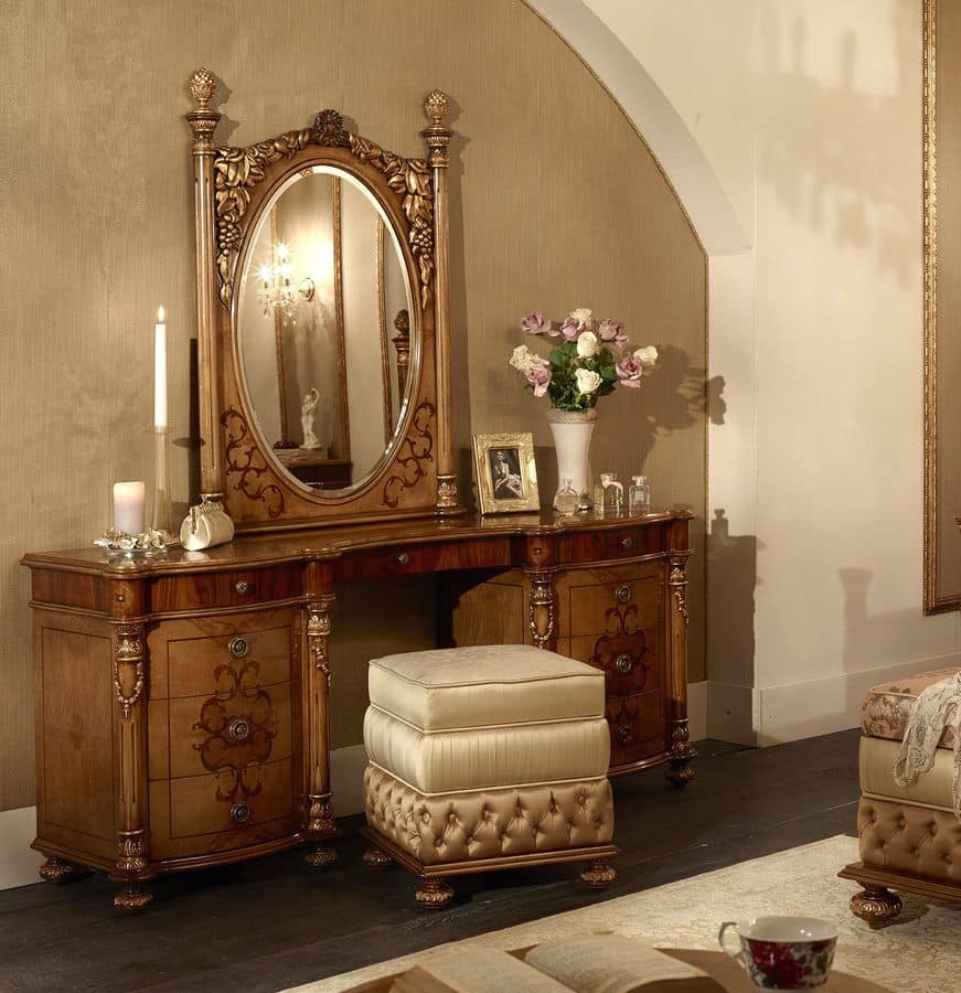 Dressing table with mirror, veneered with ash, rosewood and walnut, for  environments in classic style