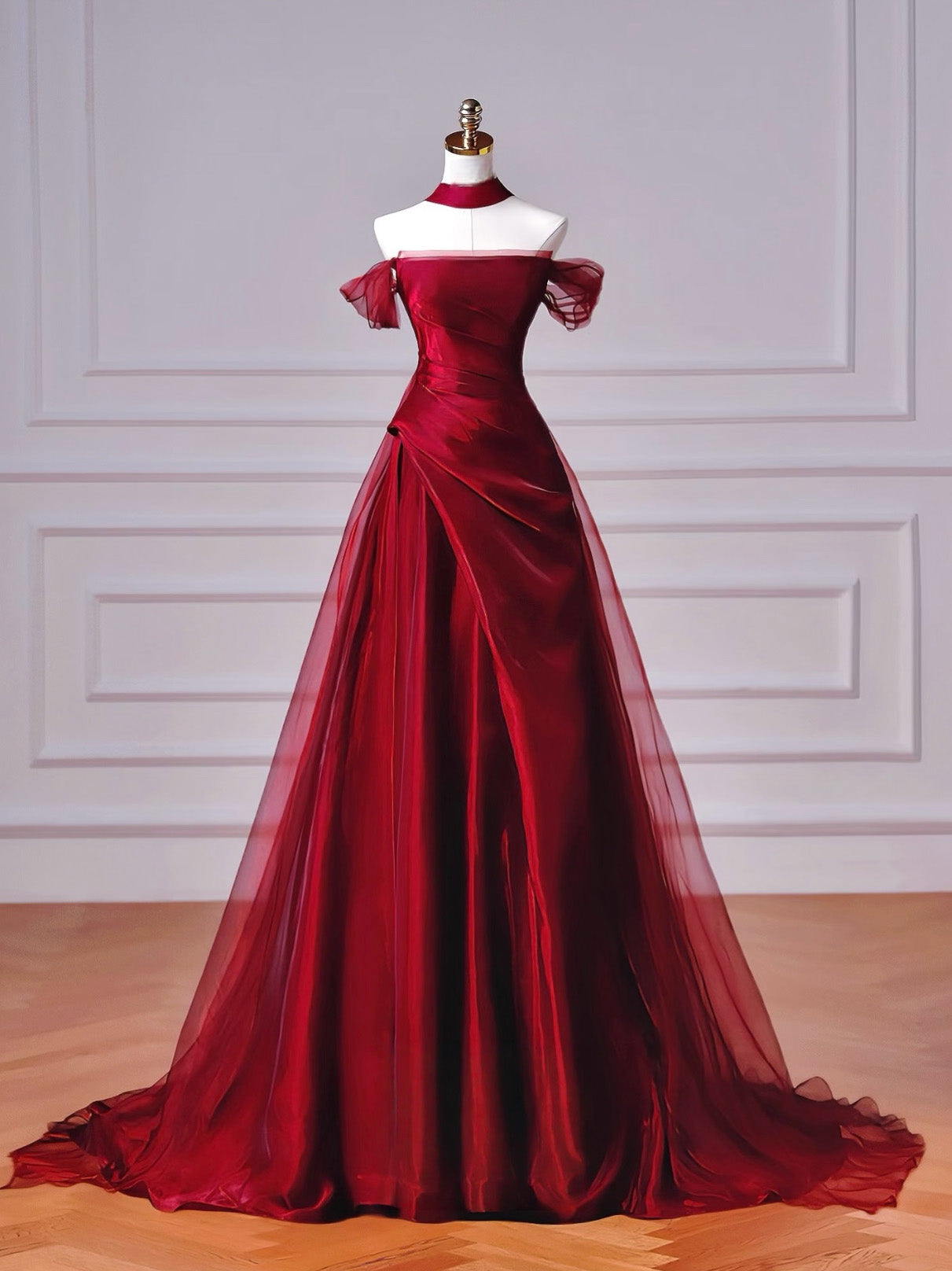 A-Line Off Shoulder Sweep Train Satin Organza Burgundy Long Prom Dress