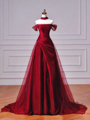A-Line Off Shoulder Sweep Train Satin Organza Burgundy Long Prom Dress