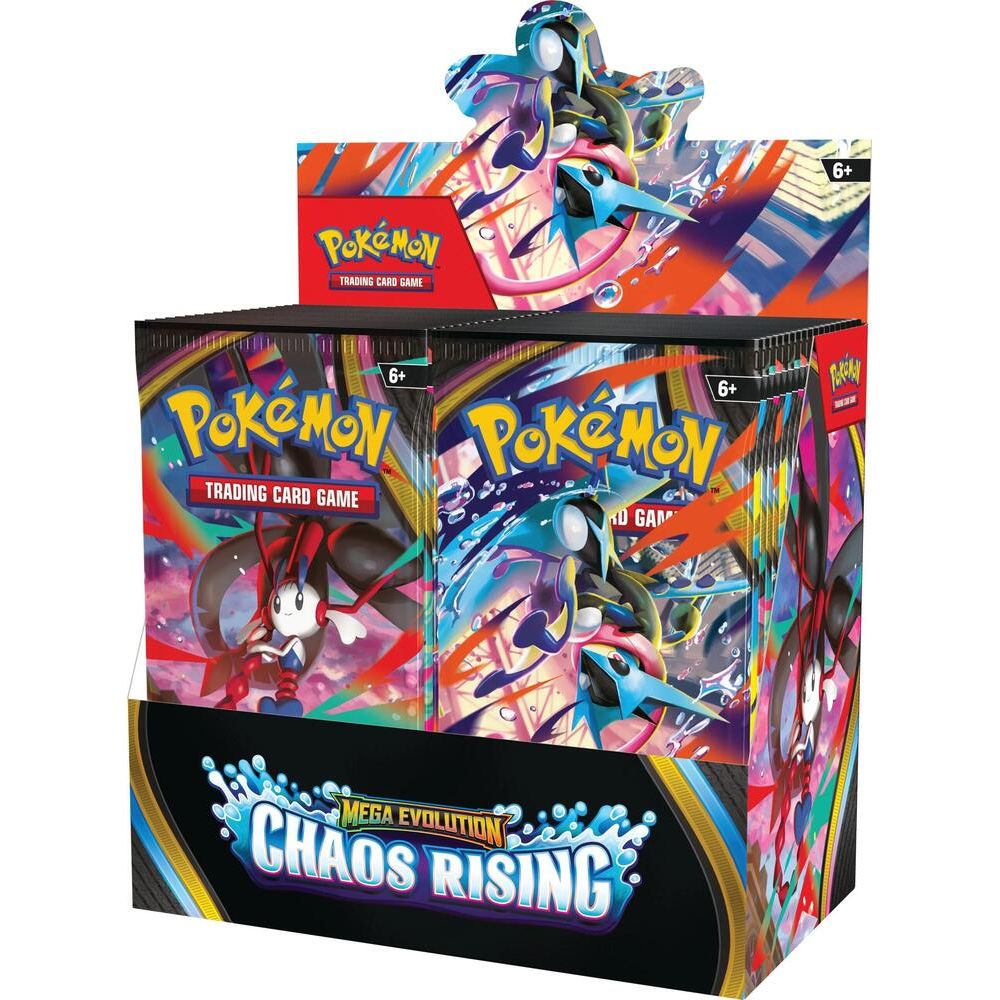 Pokémon Chaos Rising Booster Box Display showcasing multiple booster boxes featuring Pokémon branding and colorful packaging.