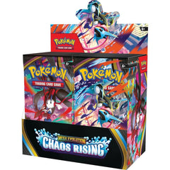 Pokémon Chaos Rising Booster Box Display showcasing multiple booster boxes featuring Pokémon branding and colorful packaging.