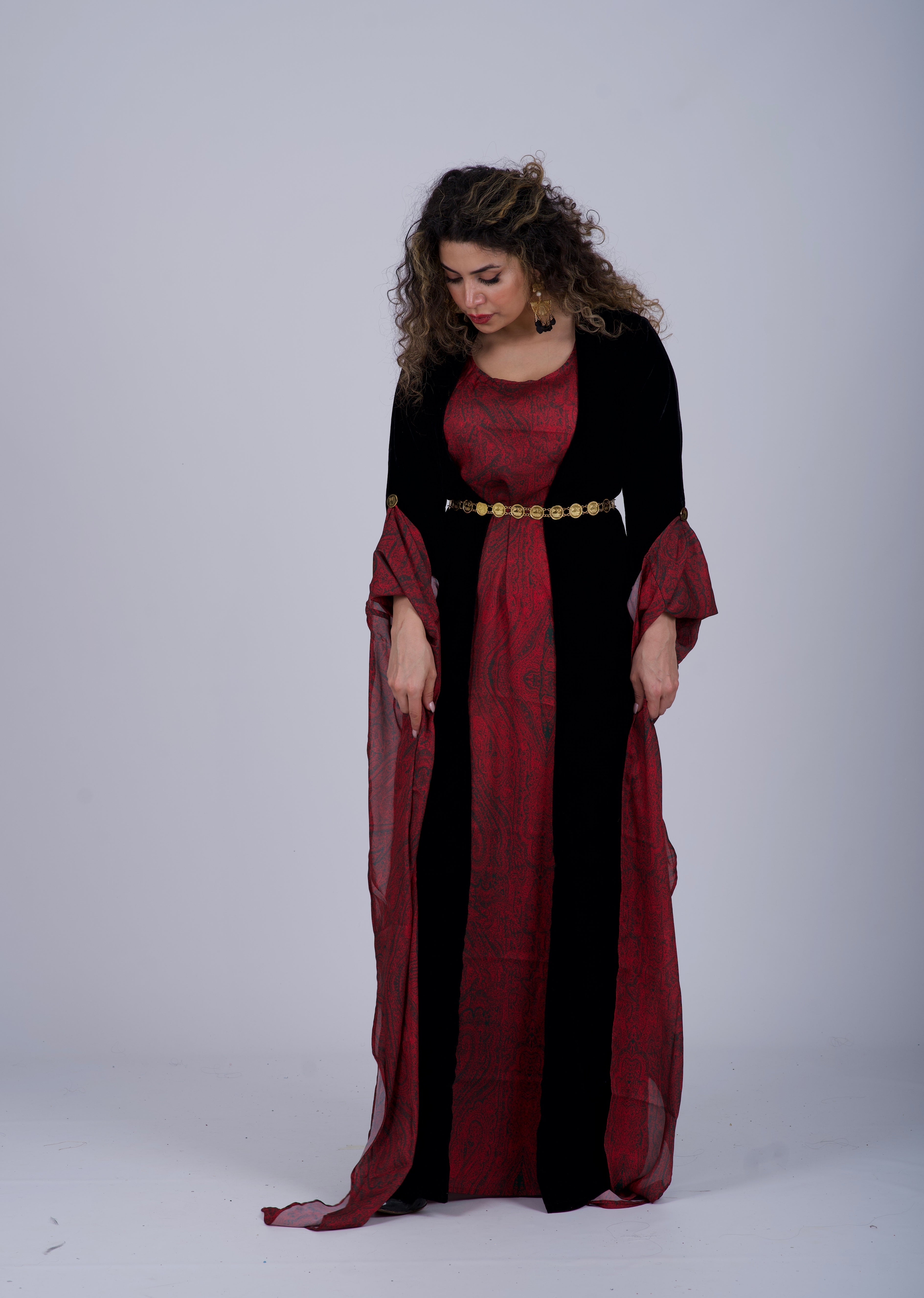 Red Silk Satin Kurdish Dress  Include Black velvet kawa (2 items)