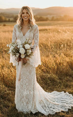Boho Lace Bell Long Sleeve Summer Wedding Dress Beach Mermaid V-Neck Western Bridal Gown
