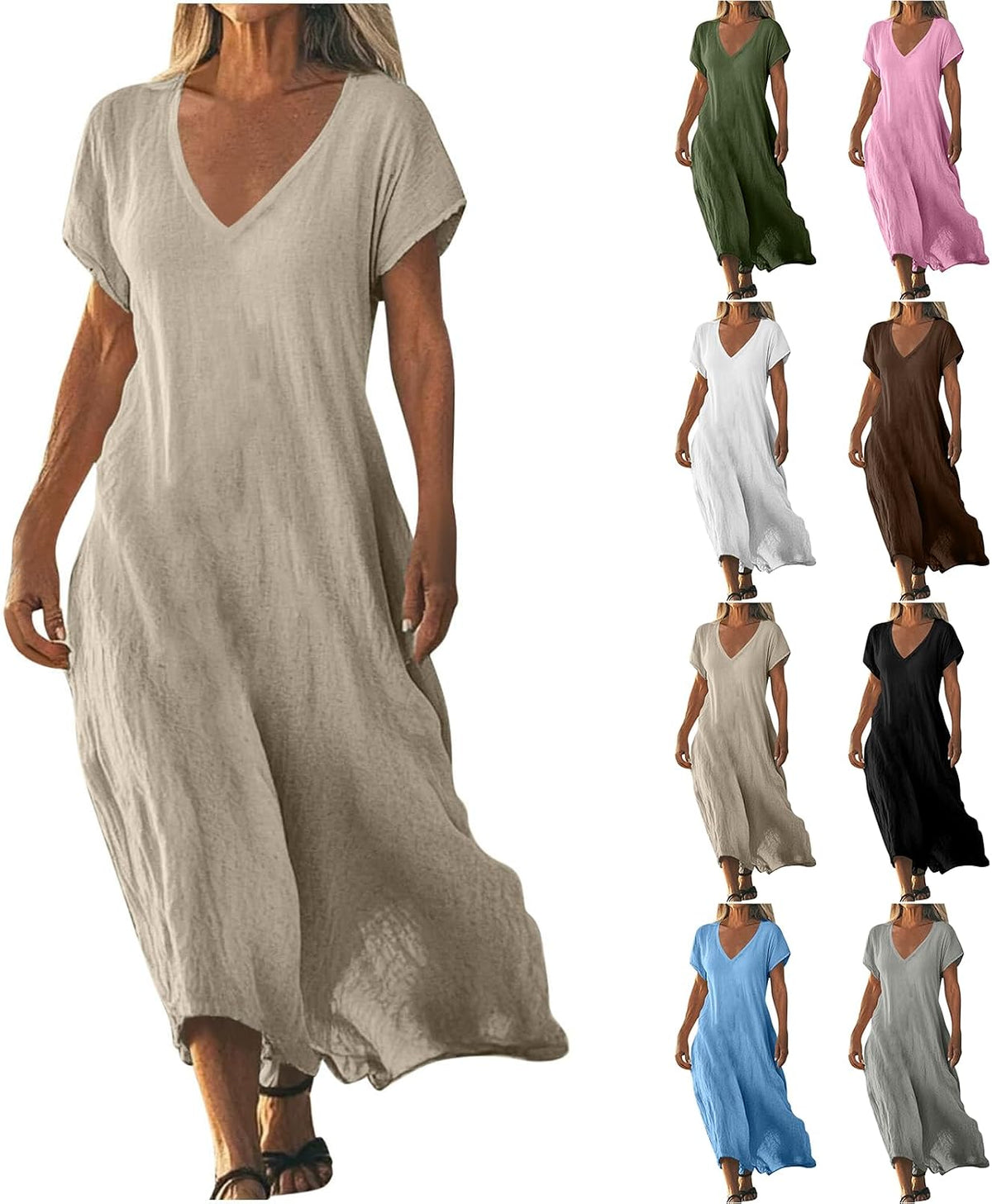 Cotton Linen Sun Dresses for Older Women Casual Summer Maxi Linen Dress Loose Fitting Short Sleeve V Neck Flowy Dress