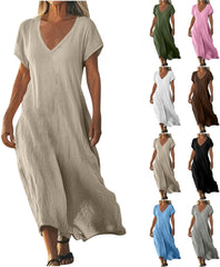 Cotton Linen Sun Dresses for Older Women Casual Summer Maxi Linen Dress Loose Fitting Short Sleeve V Neck Flowy Dress
