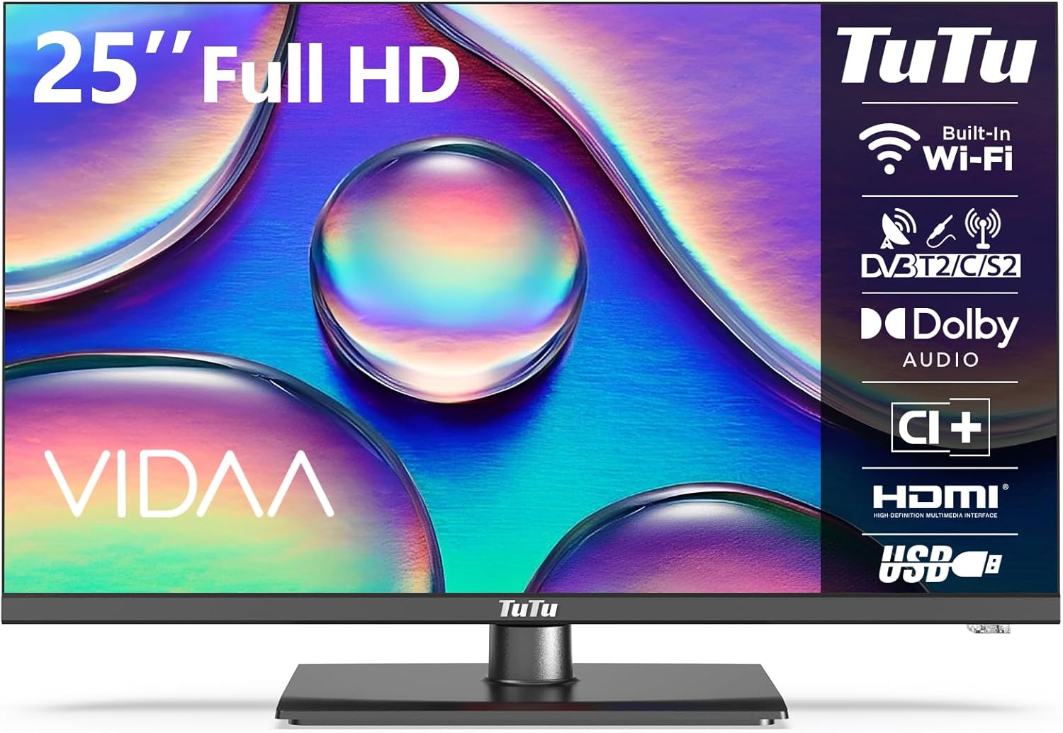 TuTu 25 inch (64 cm), FHD Smart TV met wifi, centrale standaard, Triple Tuner (DVB-T/T2, DVB-C, DVB-S/S2), App Store, Molotov, Netflix, Prime Video, Disney+, Youtube