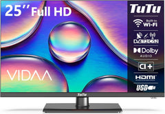 TuTu 25 inch (64 cm), FHD Smart TV met wifi, centrale standaard, Triple Tuner (DVB-T/T2, DVB-C, DVB-S/S2), App Store, Molotov, Netflix, Prime Video, Disney+, Youtube