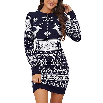 Women Ugly Christmas Sweater Dress Printed Long Sleeve Knit Mini Dress Xmas  Tunic Dress