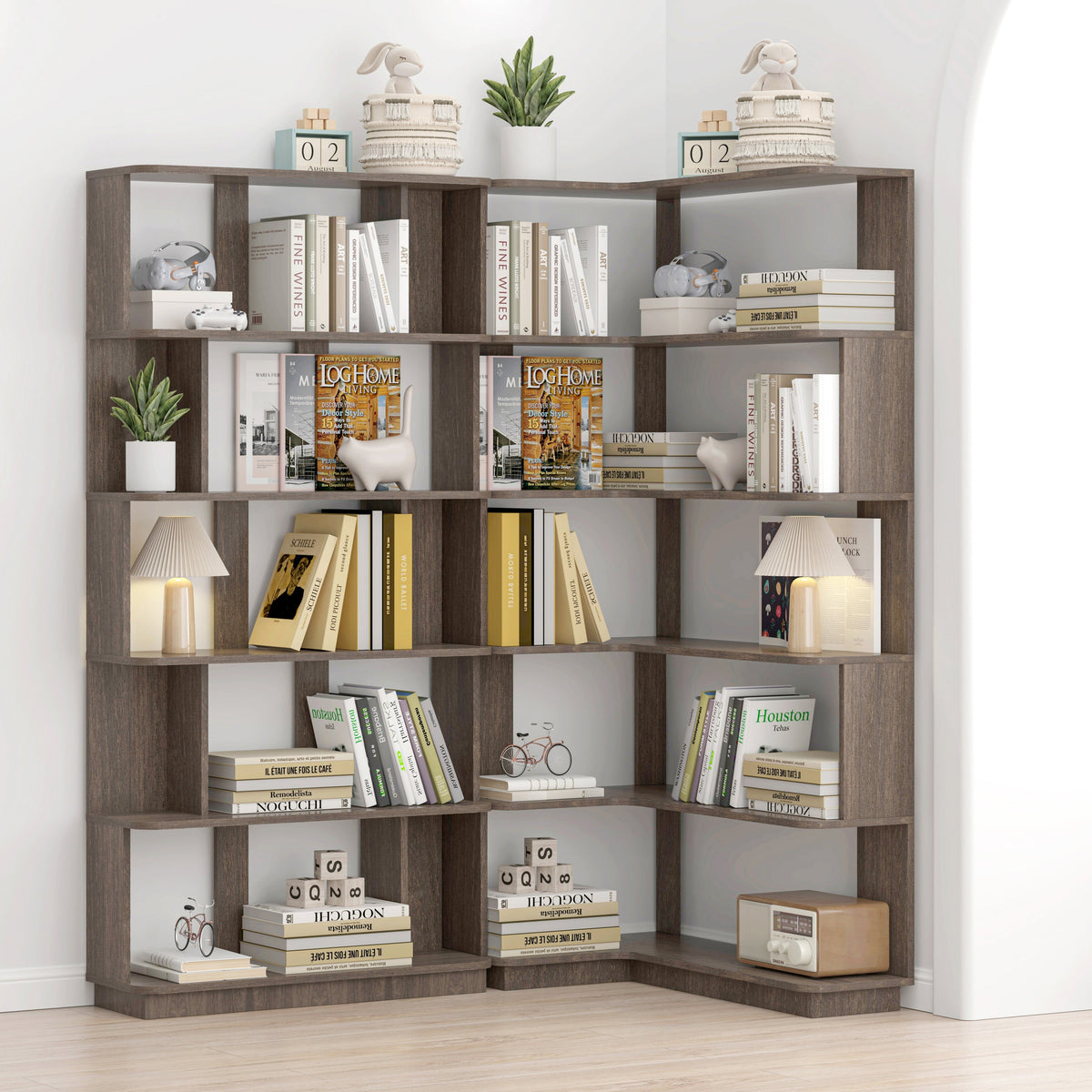 90 cm space saving corner bookshelf + 80 cm bookcase extendable free combination, set of 2 display shelf, dark brown color and other 4 colors for option, freely combined and matched furniture
