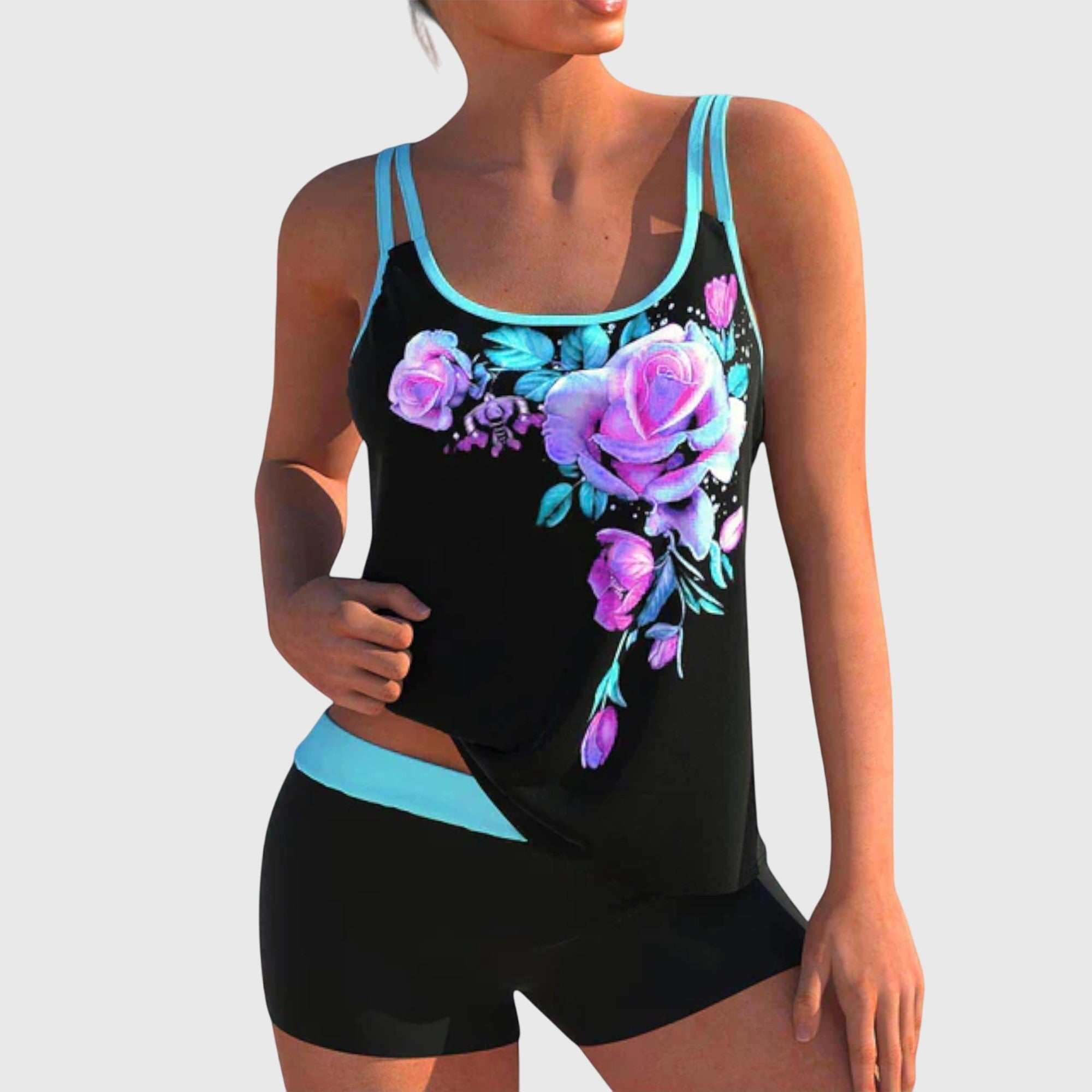 Flor – Bloemige tankini met short, effect platte buik