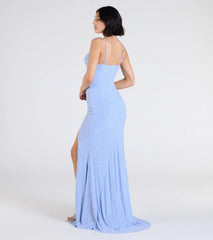 Madison Cowl Neck Slit Glitter Formal Dress