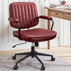Mid Century Office Chair Leather Desk Chair Burgundy Office Desk Chair Home Office Chair with Wheels and Arms, by Artswish - LeafyLoom