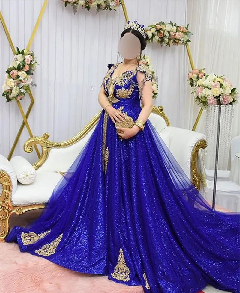 Arabic Dresses For Prom, Glitter Formal Gown, Royal Blue Sequin A-Line Evening Dress with Front Split