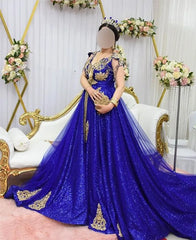 Arabic Dresses For Prom, Glitter Formal Gown, Royal Blue Sequin A-Line Evening Dress with Front Split