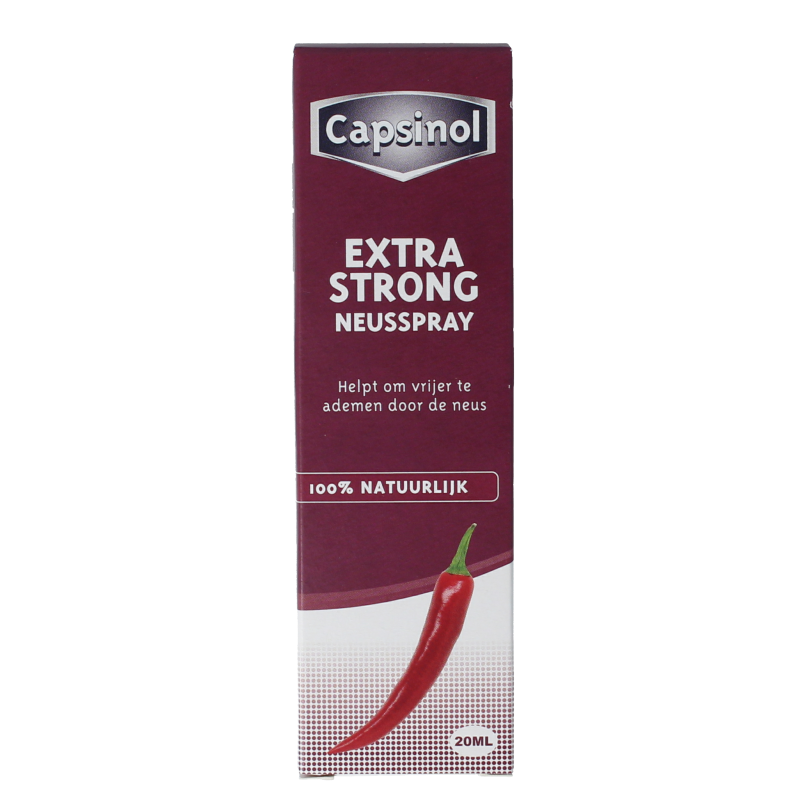 Capsinol Extra strong nasal spray bottle for nasal care and inhalation, 20ml, with a white and blue spray nozzle.