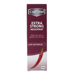 Capsinol Extra strong nasal spray bottle for nasal care and inhalation, 20ml, with a white and blue spray nozzle.