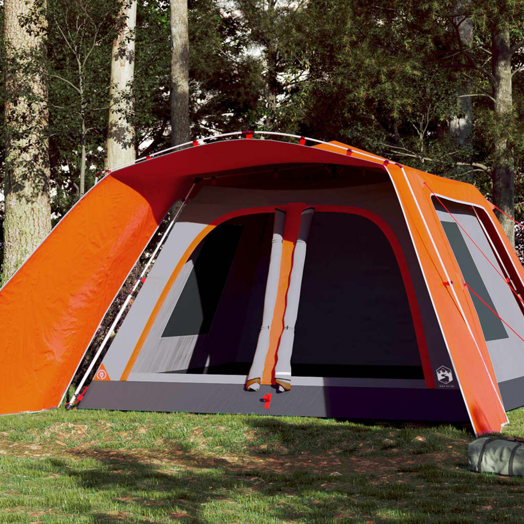 Grijze vidaXL tent voor 9 personen met oranje luifel en snelontgrendeling, zijaanzicht.
