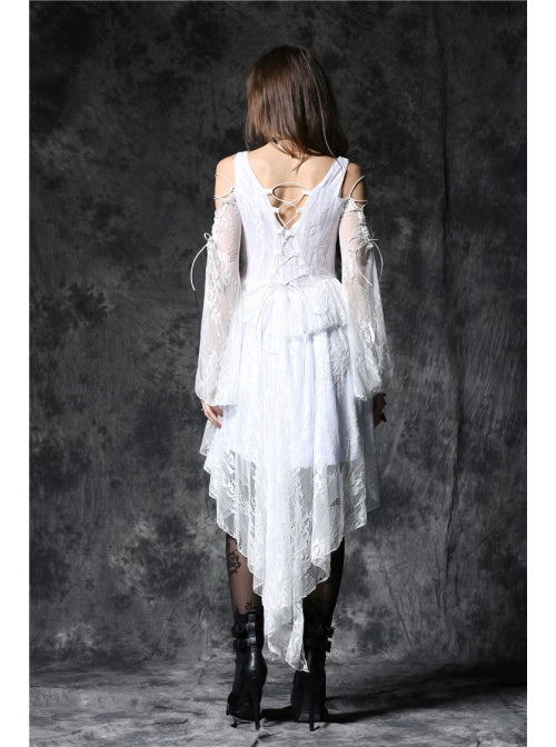 White Off-Shoulder Button Row High Waisted Dovetail Lace Gothic Dress