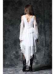 White Off-Shoulder Button Row High Waisted Dovetail Lace Gothic Dress