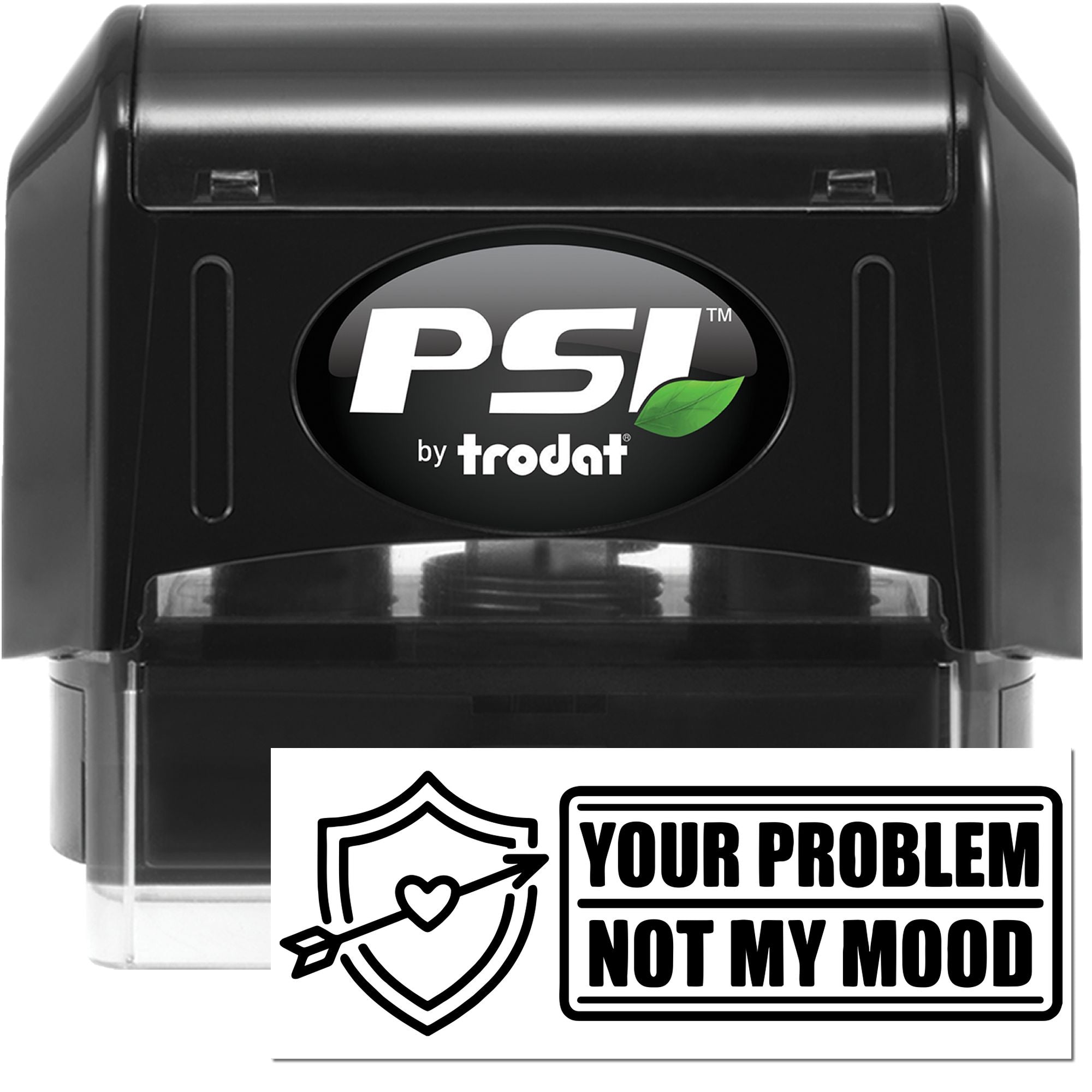 Black PSI by Trodat self-inking stamp and seal set, with clear case and white seal featuring shield, heart, and arrow.