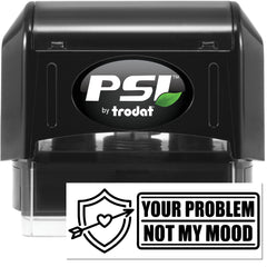 Black PSI by Trodat self-inking stamp and seal set, with clear case and white seal featuring shield, heart, and arrow.