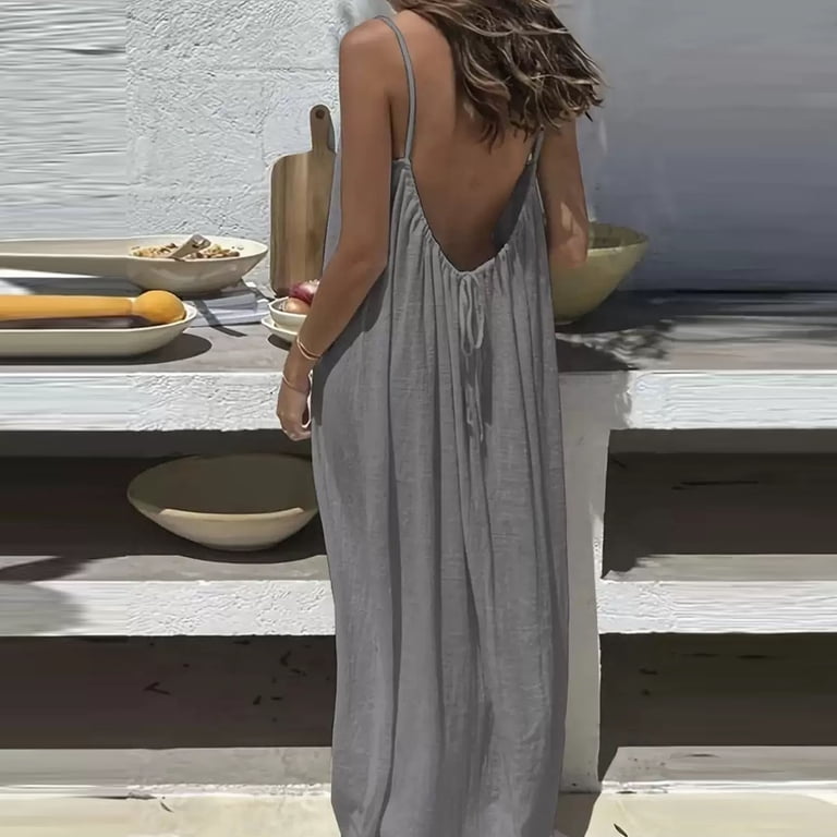 Kopltyrfg Womens Backless Cami Dress Backless Dresses for Women 2026 Summer Casual Solid Color Sleeveless Maxi Dress Sundresses (Gray,5XL), Women's